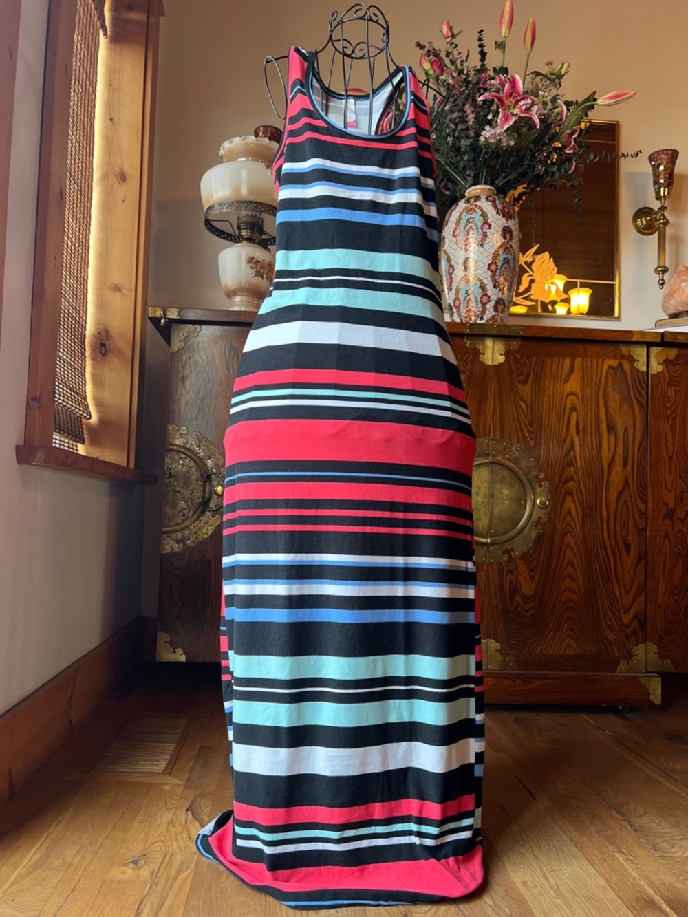 No Boundaries Striped Maxi Dress in Black, Red & Aqua